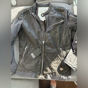 NWT💥DIESEL Black Biker-Style Mixed leather Media Jacket small